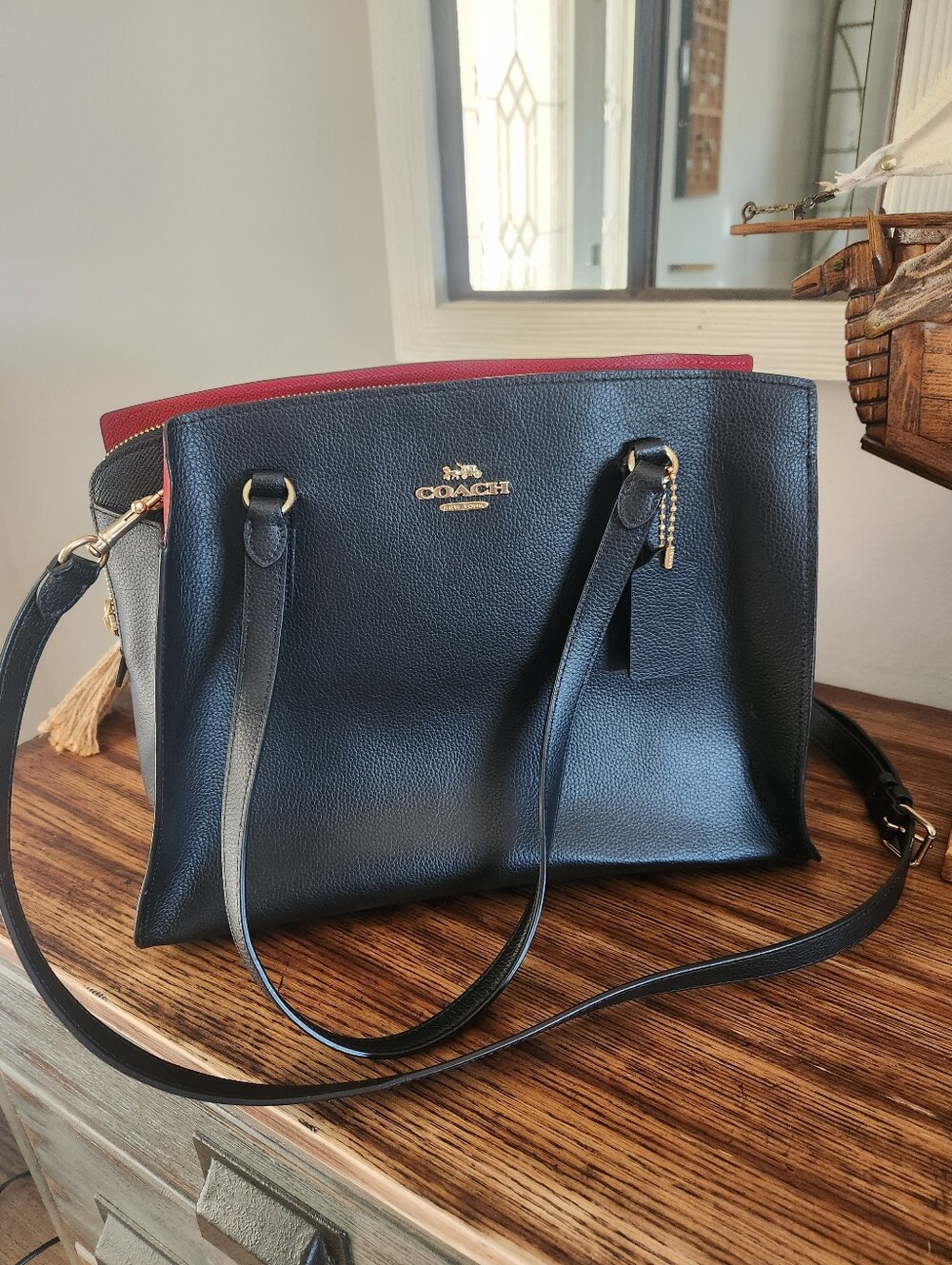 Coach Tatum Black Leather Shoulder Carryall Tote 40 with Red Trim